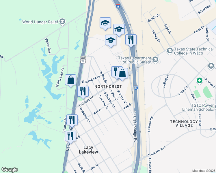 map of restaurants, bars, coffee shops, grocery stores, and more near 107 South Rita Street in Waco