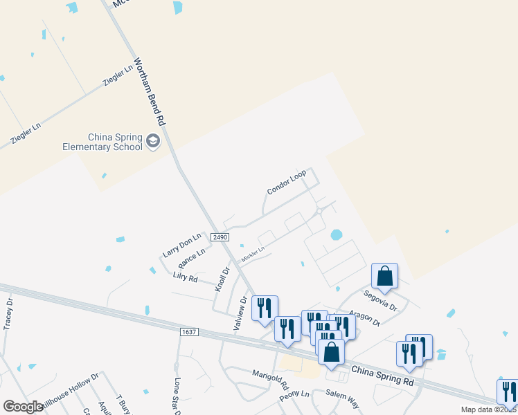 map of restaurants, bars, coffee shops, grocery stores, and more near 10524 Condor Loop in Waco