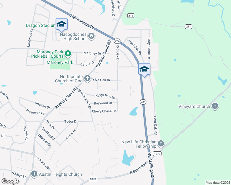 map of restaurants, bars, coffee shops, grocery stores, and more near 3907 Red Oak Drive in Nacogdoches