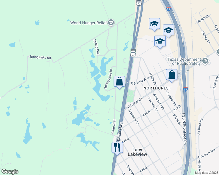 map of restaurants, bars, coffee shops, grocery stores, and more near 105 Spring Lake Drive in Waco