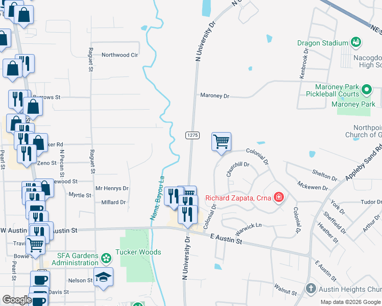 map of restaurants, bars, coffee shops, grocery stores, and more near 3279 North University Drive in Nacogdoches