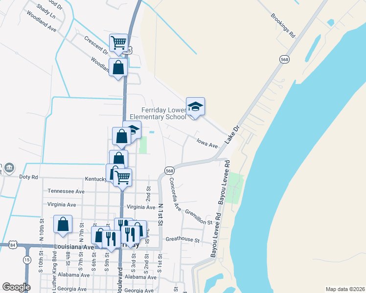 map of restaurants, bars, coffee shops, grocery stores, and more near 200 Lancaster Avenue in Ferriday