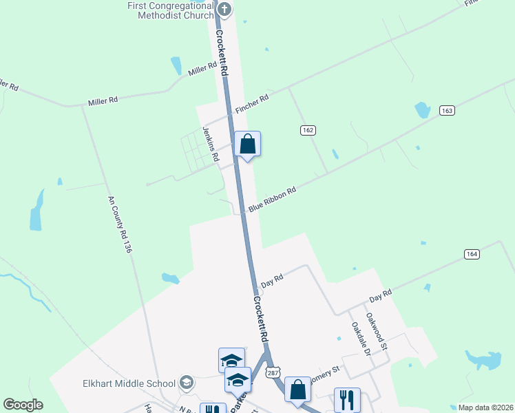 map of restaurants, bars, coffee shops, grocery stores, and more near Blue Ribbon Road in Elkhart