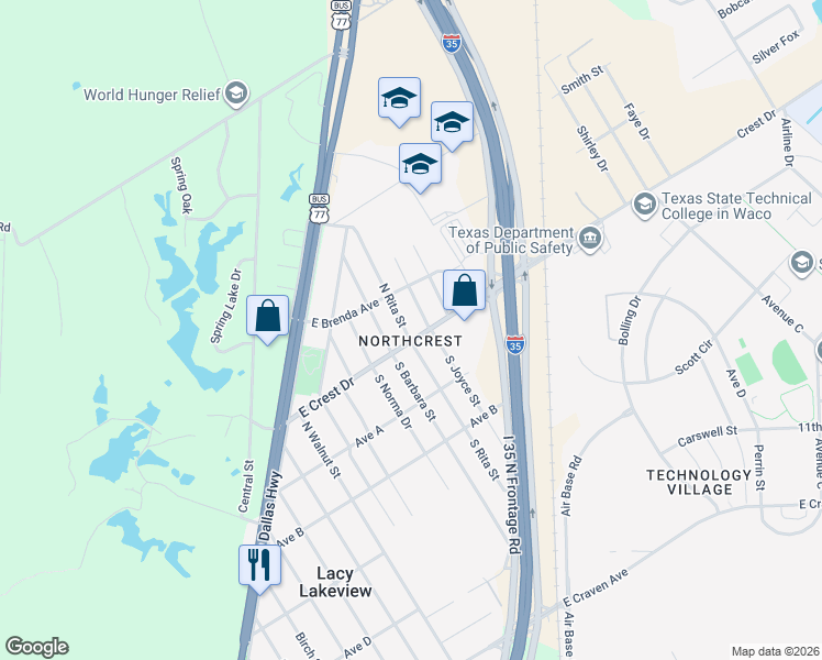 map of restaurants, bars, coffee shops, grocery stores, and more near 601 North Joyce Street in Waco