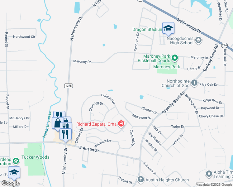 map of restaurants, bars, coffee shops, grocery stores, and more near 816 Harris Street in Nacogdoches