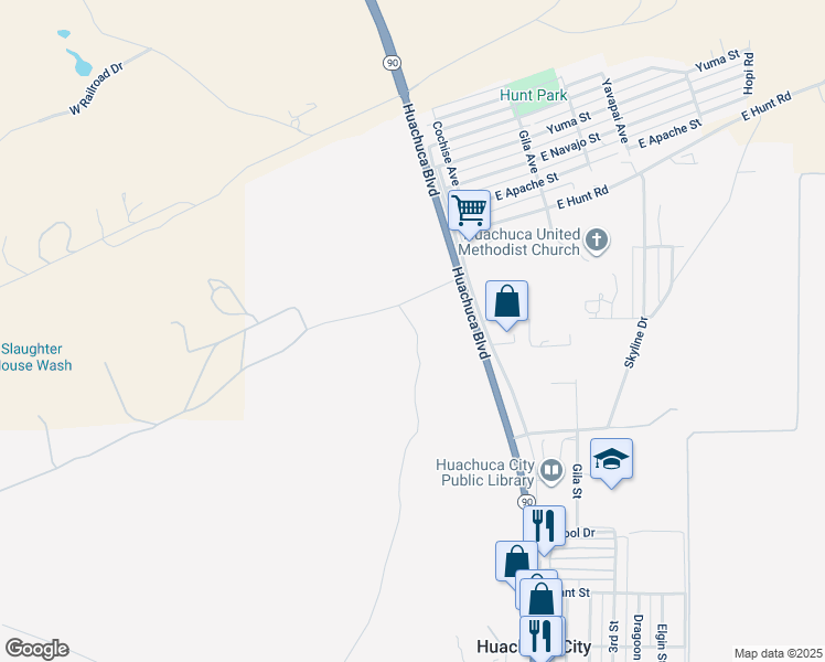 map of restaurants, bars, coffee shops, grocery stores, and more near 200 West Mustang Road in Huachuca City