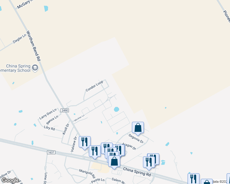 map of restaurants, bars, coffee shops, grocery stores, and more near 10321 Walley Way in Waco