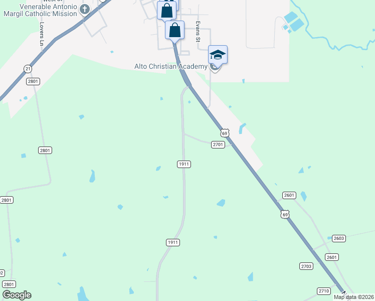 map of restaurants, bars, coffee shops, grocery stores, and more near 445 Farm to Market 1911 in Alto