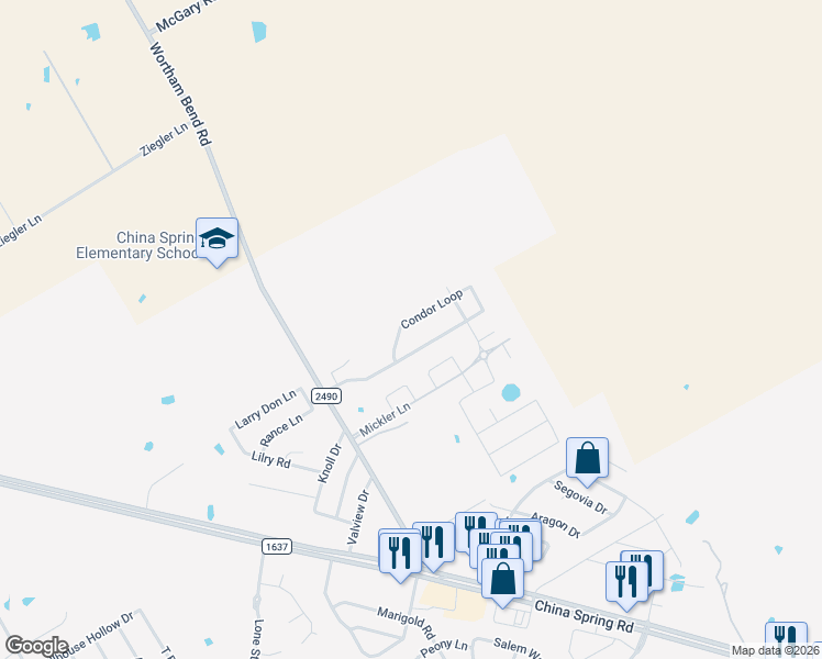 map of restaurants, bars, coffee shops, grocery stores, and more near 10504 Condor Loop in Waco