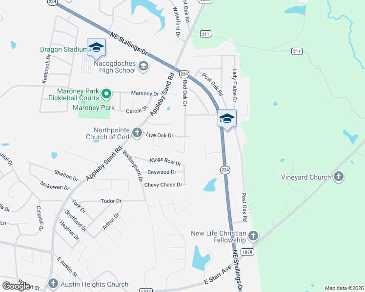 map of restaurants, bars, coffee shops, grocery stores, and more near 3907 Red Oak Drive in Nacogdoches