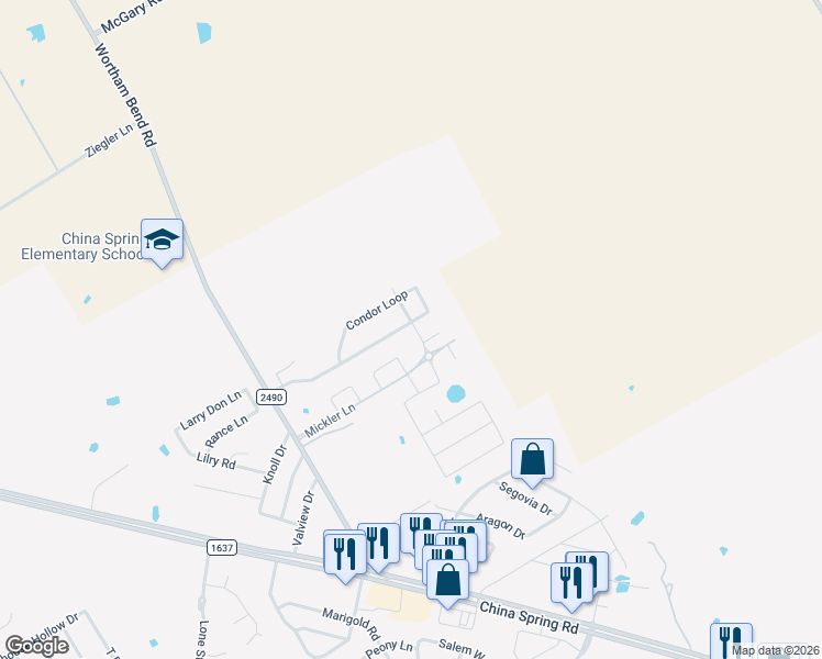 map of restaurants, bars, coffee shops, grocery stores, and more near 10269 Condor Loop in Waco