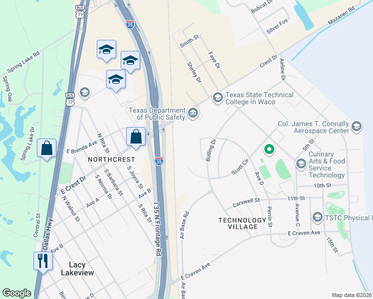 map of restaurants, bars, coffee shops, grocery stores, and more near 36 Scott Circle in Waco