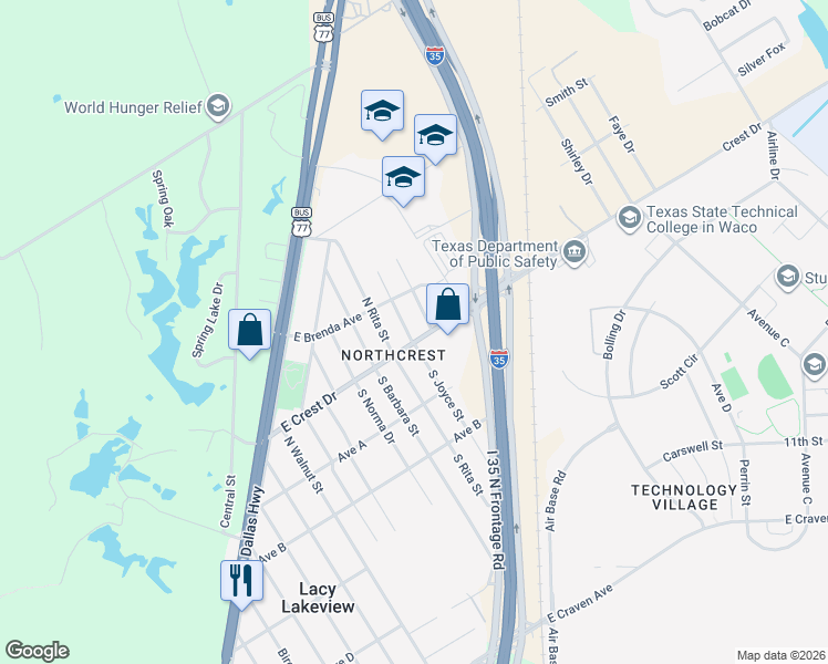 map of restaurants, bars, coffee shops, grocery stores, and more near 601 North Joyce Street in Waco