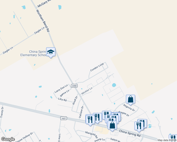map of restaurants, bars, coffee shops, grocery stores, and more near 10504 Condor Loop in Waco