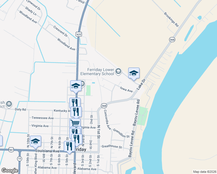map of restaurants, bars, coffee shops, grocery stores, and more near 200-212 Lancaster Avenue in Ferriday