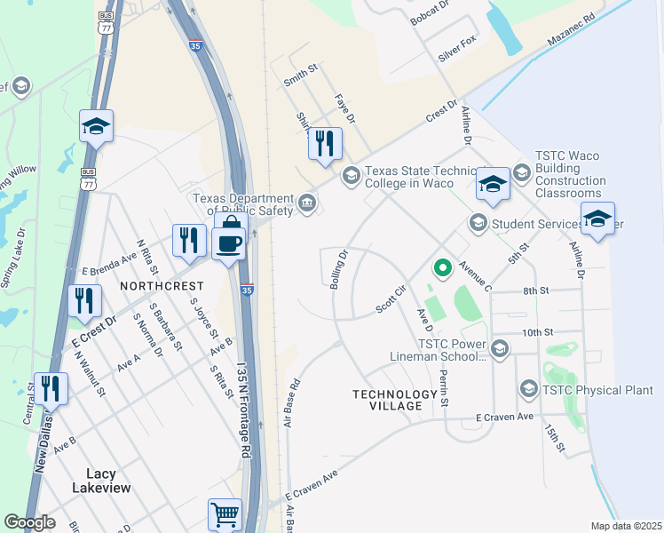 map of restaurants, bars, coffee shops, grocery stores, and more near 14 Bolling Drive in Waco