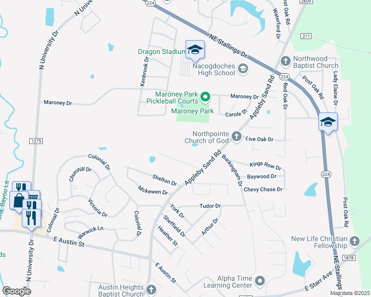 map of restaurants, bars, coffee shops, grocery stores, and more near 2721 North Pecan Street in Nacogdoches