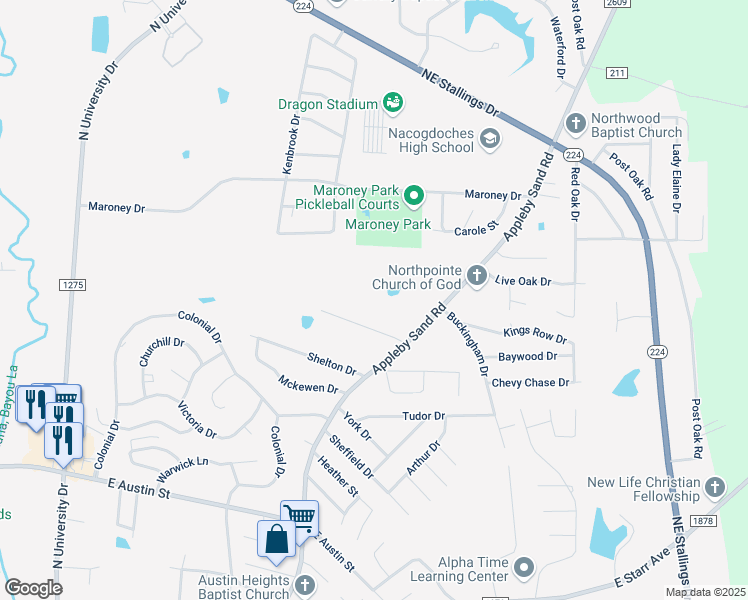 map of restaurants, bars, coffee shops, grocery stores, and more near 2721 North Pecan Street in Nacogdoches