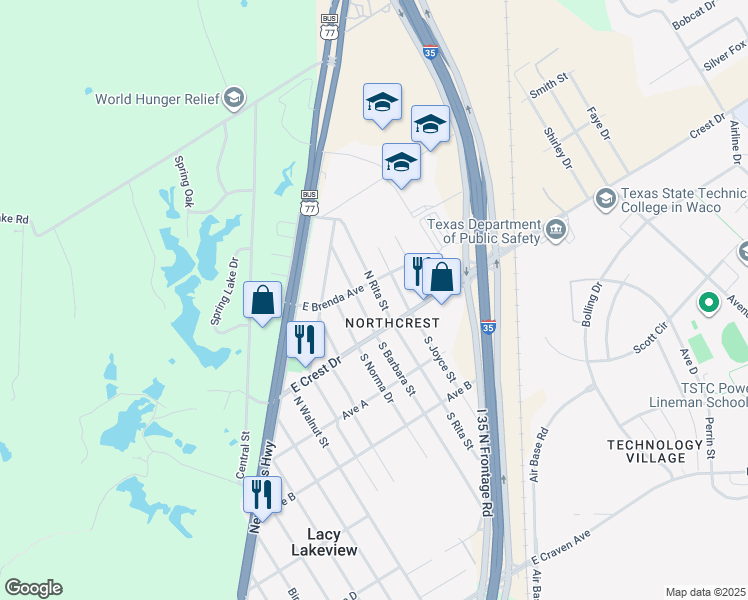 map of restaurants, bars, coffee shops, grocery stores, and more near 610 North Rita Street in Waco