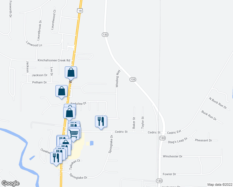 map of restaurants, bars, coffee shops, grocery stores, and more near 136 Winding Way in Leesburg