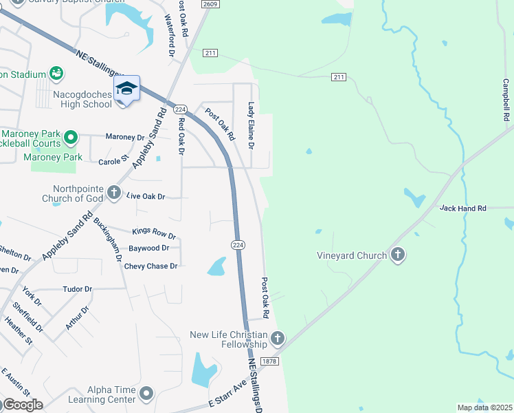 map of restaurants, bars, coffee shops, grocery stores, and more near 3924 Post Oak Road in Nacogdoches