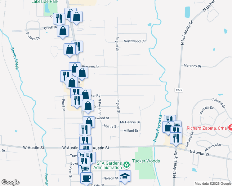 map of restaurants, bars, coffee shops, grocery stores, and more near 3705 Raguet Street in Nacogdoches