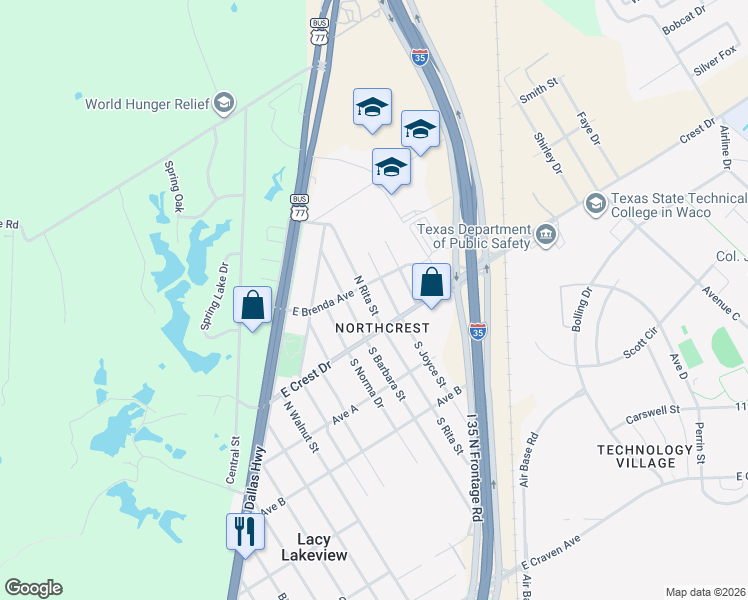 map of restaurants, bars, coffee shops, grocery stores, and more near 610 North Rita Street in Waco