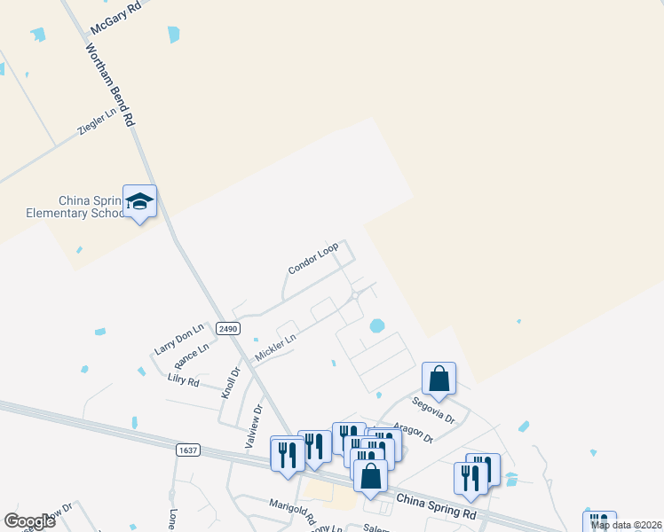 map of restaurants, bars, coffee shops, grocery stores, and more near 10269 Condor Loop in Waco
