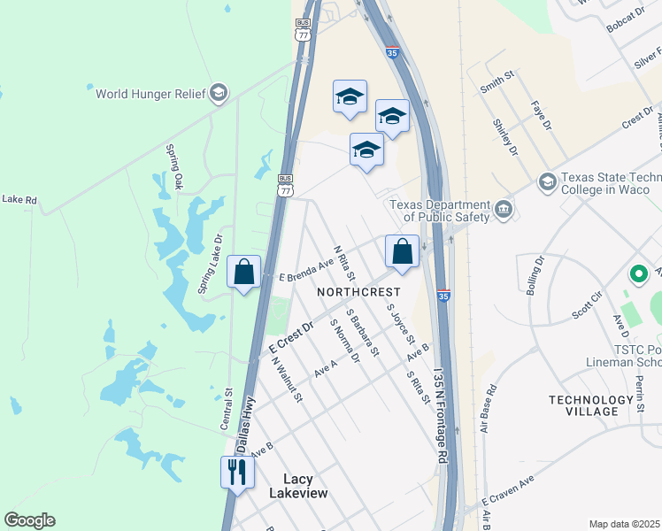 map of restaurants, bars, coffee shops, grocery stores, and more near 610 North Rita Street in Waco