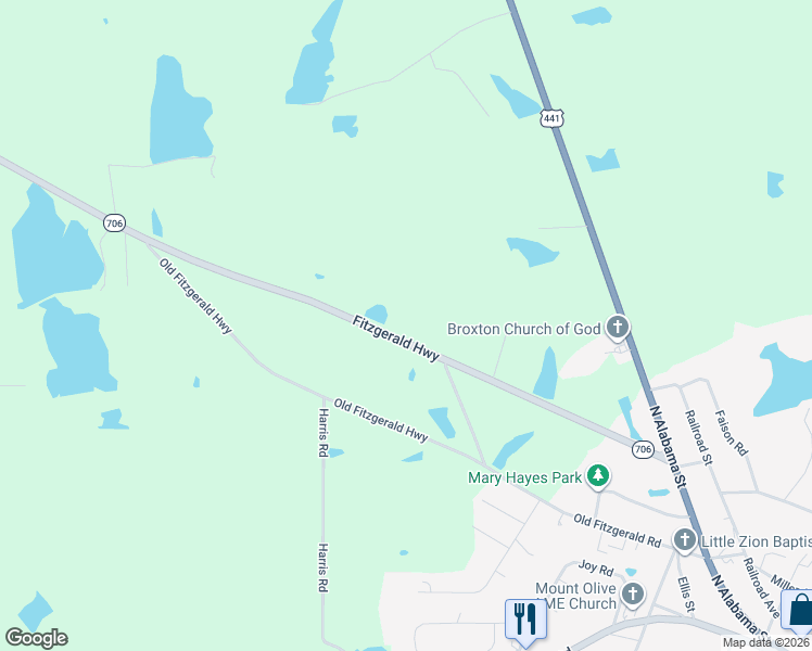 map of restaurants, bars, coffee shops, grocery stores, and more near 40 Collier Drive in Broxton