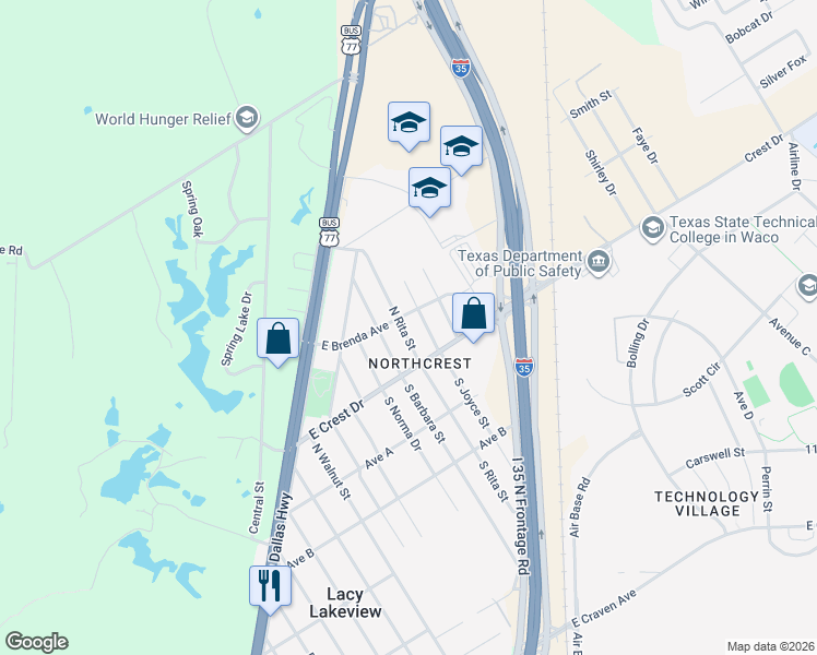 map of restaurants, bars, coffee shops, grocery stores, and more near 610 North Rita Street in Waco