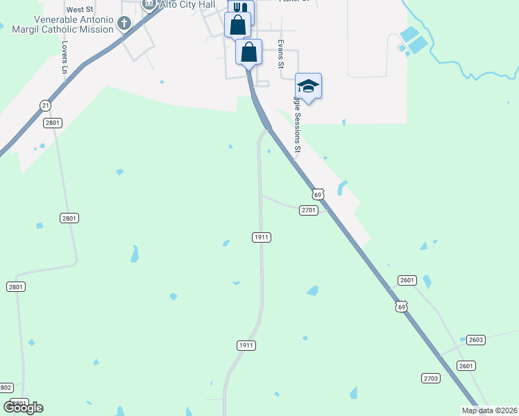 map of restaurants, bars, coffee shops, grocery stores, and more near 445 Farm to Market 1911 in Alto