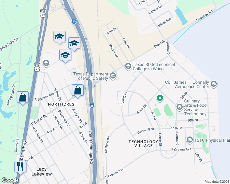 map of restaurants, bars, coffee shops, grocery stores, and more near 36 Scott Circle in Waco