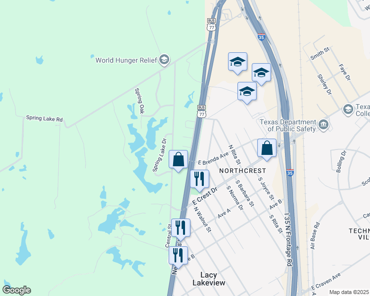 map of restaurants, bars, coffee shops, grocery stores, and more near 20 Skyview Drive in Waco