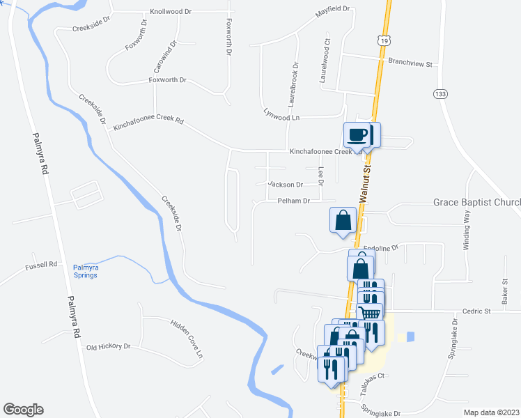 map of restaurants, bars, coffee shops, grocery stores, and more near 163 Pelham Drive in Leesburg