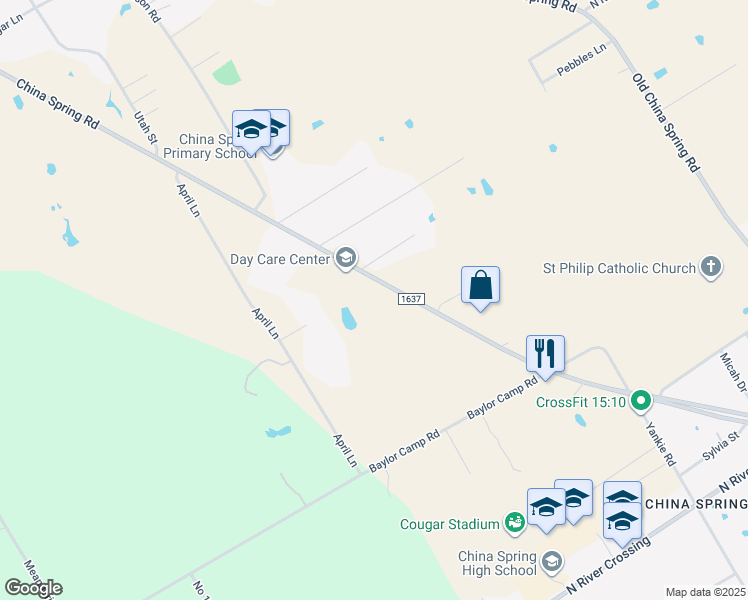 map of restaurants, bars, coffee shops, grocery stores, and more near 13257 China Spring Road in China Spring