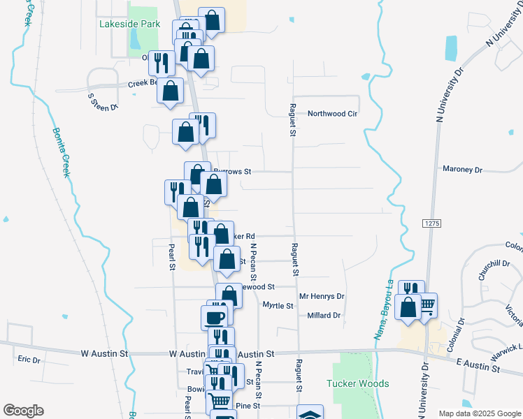 map of restaurants, bars, coffee shops, grocery stores, and more near 314 Bostwick Street in Nacogdoches