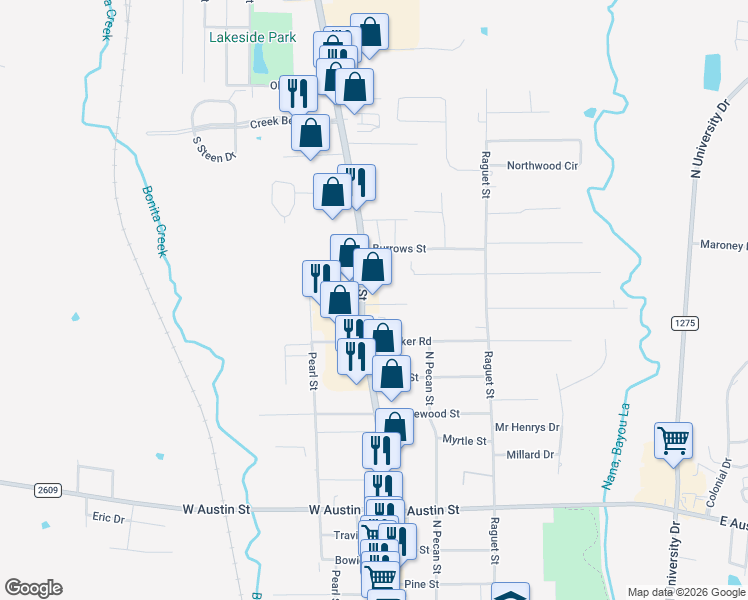 map of restaurants, bars, coffee shops, grocery stores, and more near 3810 North Street in Nacogdoches