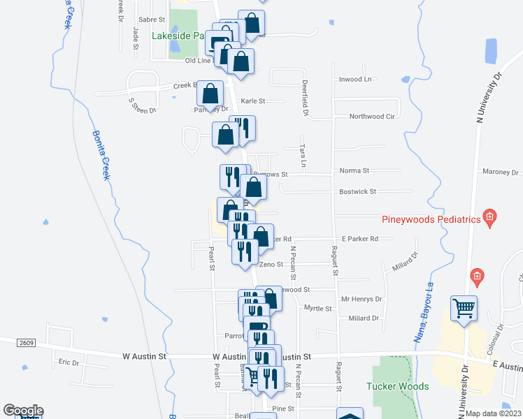 map of restaurants, bars, coffee shops, grocery stores, and more near 121 Wortham Drive in Nacogdoches