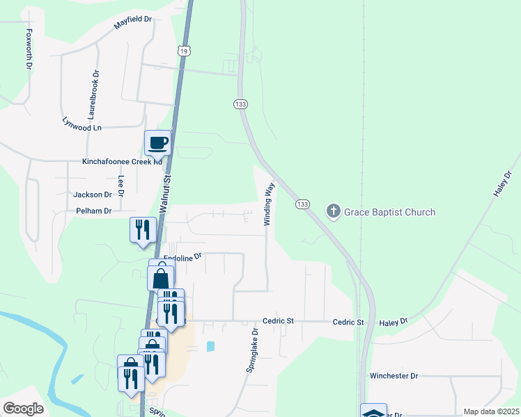 map of restaurants, bars, coffee shops, grocery stores, and more near 124 Winding Way in Leesburg