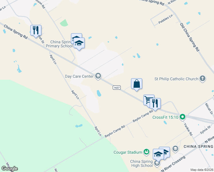 map of restaurants, bars, coffee shops, grocery stores, and more near 13257 China Spring Road in China Spring