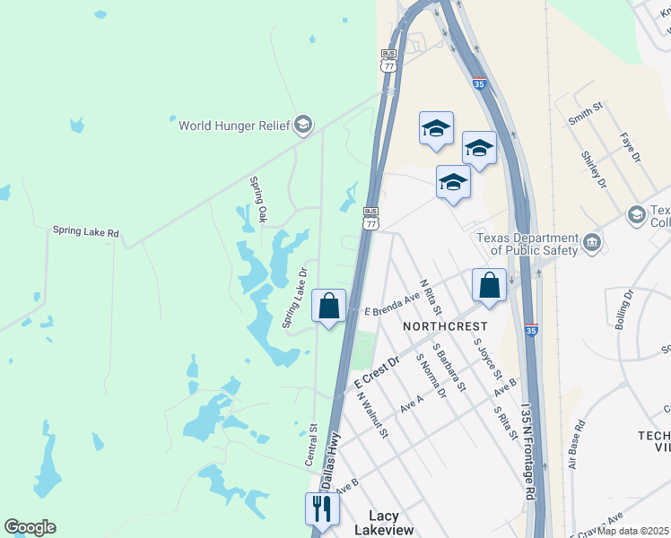 map of restaurants, bars, coffee shops, grocery stores, and more near 20 Skyview Drive in Waco