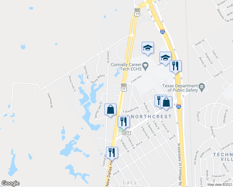 map of restaurants, bars, coffee shops, grocery stores, and more near 15 Skyview Drive in Waco