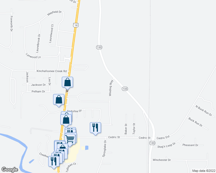 map of restaurants, bars, coffee shops, grocery stores, and more near 116 Winding Way in Leesburg