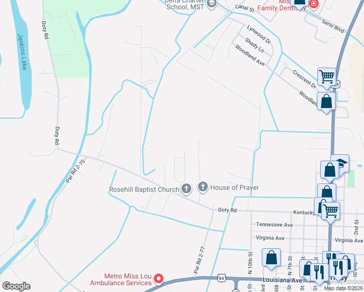 map of restaurants, bars, coffee shops, grocery stores, and more near 299 Doty Gardens Creek in Ferriday