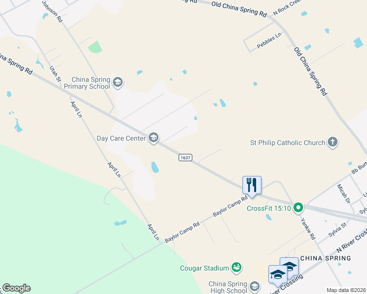 map of restaurants, bars, coffee shops, grocery stores, and more near 13220 China Spring Road in China Spring