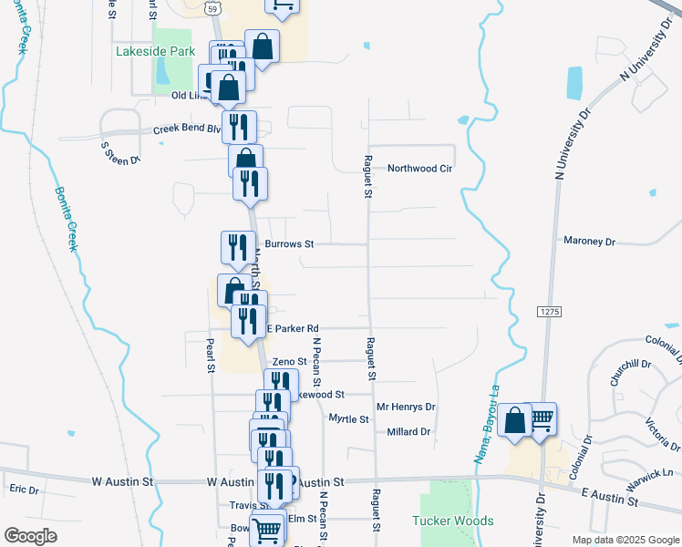 map of restaurants, bars, coffee shops, grocery stores, and more near 314 Bostwick Street in Nacogdoches