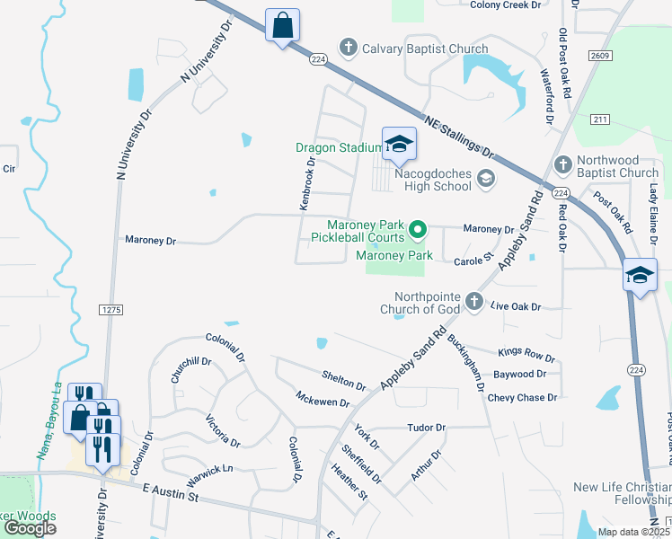 map of restaurants, bars, coffee shops, grocery stores, and more near 4101-4115 Ridgebrook Dr in Nacogdoches