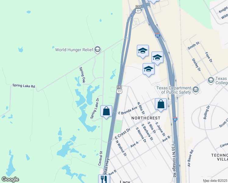 map of restaurants, bars, coffee shops, grocery stores, and more near 11 Addie Lane in Waco