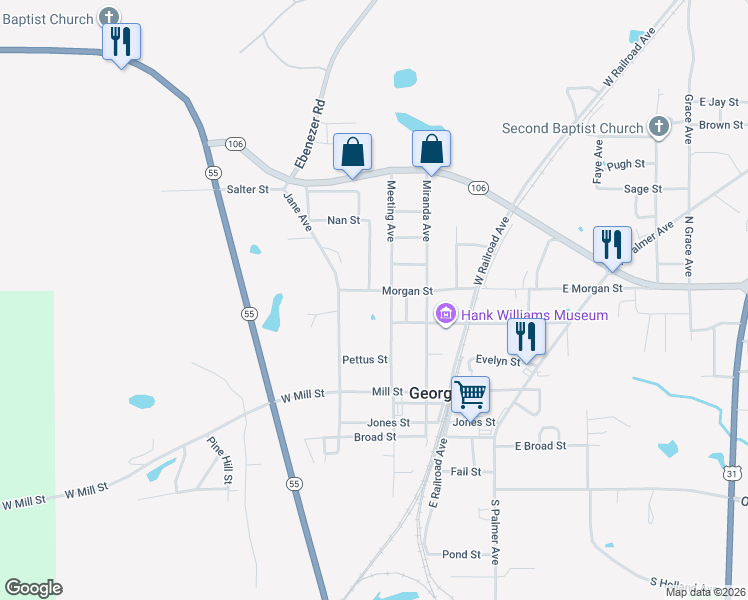 map of restaurants, bars, coffee shops, grocery stores, and more near 212 Morgan Street in Georgiana